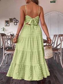 SHEIN 大码女装夏季纯色多层荷叶边长款吊带连衣裙，适合夏季野餐、度假、海滩等各种场合。 - 薄荷綠 - 查看 2
