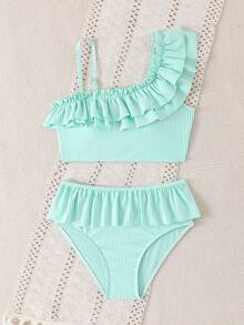 SHEIN 少女比基尼套装，绿白条纹可爱荷叶边不对称肩带可调节荷叶边三角泳衣两件套 - 薄荷綠 - 查看 5