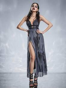 ROMWE Goth 深V领高开衩连衣裙，饰有深海气泡印花 - 彩色 - 查看 9