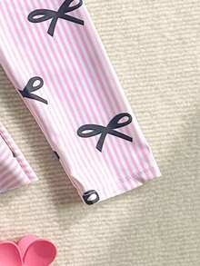 SHEIN Sparklyn Tween Girls Striped Bow Print One-Piece Swimsuit, Suitable For Swimming In Summer (Print Design May Vary) - Dusty Pink - View 3