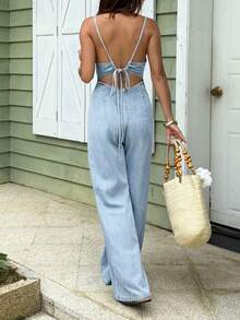 Sunnyshic Women's Backless Tie Knot Fashionable Wide Leg Denim Jumpsuit - Blue - View 2