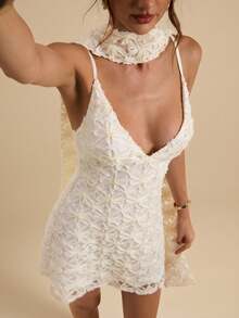 SHEIN BAE Đầm ngắn dáng chữ A màu trắng, cổ chữ V, chất liệu có họa tiết, thắt nơ trang trí, thích hợp mặc đi học, đầm trắng, đầm hè cho nữ. - trắng - Xem 3