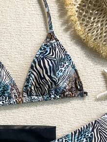 SHEIN Teen Girls' Leopard Print Halter Bikini Set, 3-Piece Swimsuit With Triangle Top, Bottom And Sarong, Fashionable, Elegant, Suitable For Swimming, Vacation, Summer Beach Bathing Suit Women's Swimwear Two Pieces Swimsuit Zebra Print Bikini - Multicolor - View 7