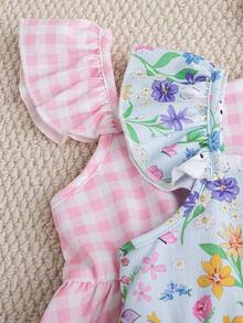 Souflis Souflis 2pcs/Set Toddler Girls' French Style Plaid & Floral Print Ruffle Sleeve Button Front Dress, Cute Summer Holiday Outfit Dresses For Girls - Multicolor - View 5