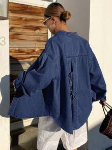 DAZY Áo khoác denim nữ dáng rộng, thoải mái, phong cách nghỉ dưỡng, có nơ, thích hợp cho mùa xuân và mùa hè. - Màu xanh lam - Xem 6