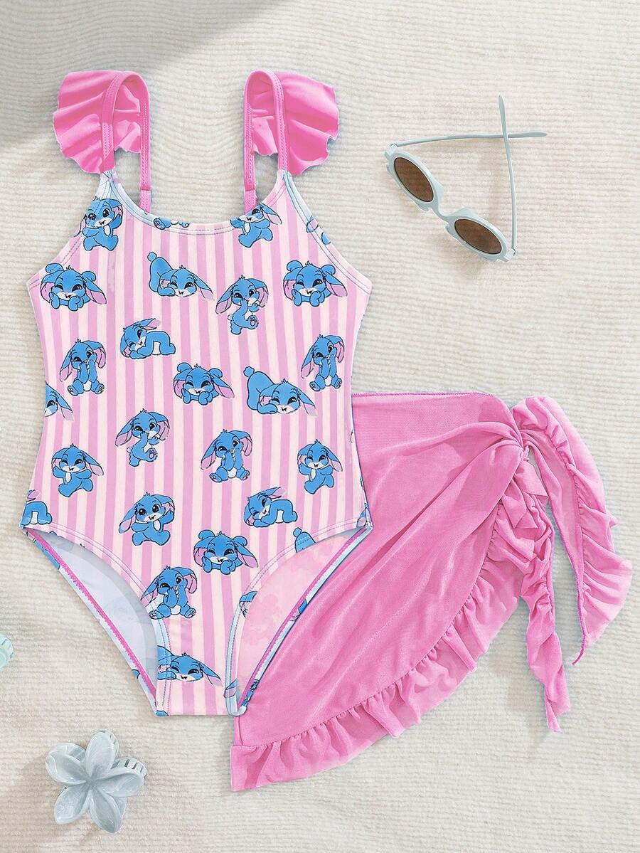 SHEIN Tween Girl Floral Print Ruffled One-Piece Swimsuit With Cover-Up Skirt,Cute Pink 2 Piece Bathing Suit For Girls,Summer Beach Holiday Pool Swimwear Set - Red - View 1