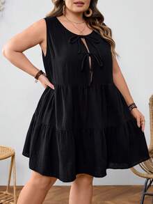 SHEIN CURVE+ 大码女士休闲百搭黑色棉质抽绳蝴蝶结无袖迷你连衣裙 - 黑色 - 查看 8