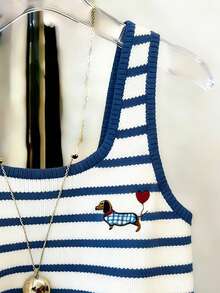 Resyla 经典条纹腊肠犬印花修身女式背心 - 藍白色 - 查看 3