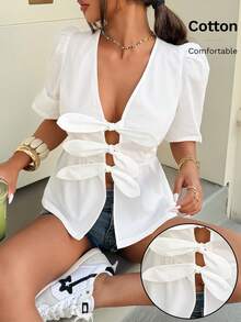 SHEIN EZwear 女士纯色短袖白色度假休闲衬衫，带蝴蝶结装饰，春夏新款。女士镂空上衣，纯棉两件套，女士夏季两件套，女士夏季衬衫，性感衬衫，女士夏季上衣，女士夏季服装，女士夏季可爱休闲优雅衬衫，女士夏季服装，女士度假服装，女士衬衫 - 白色 - 查看 1