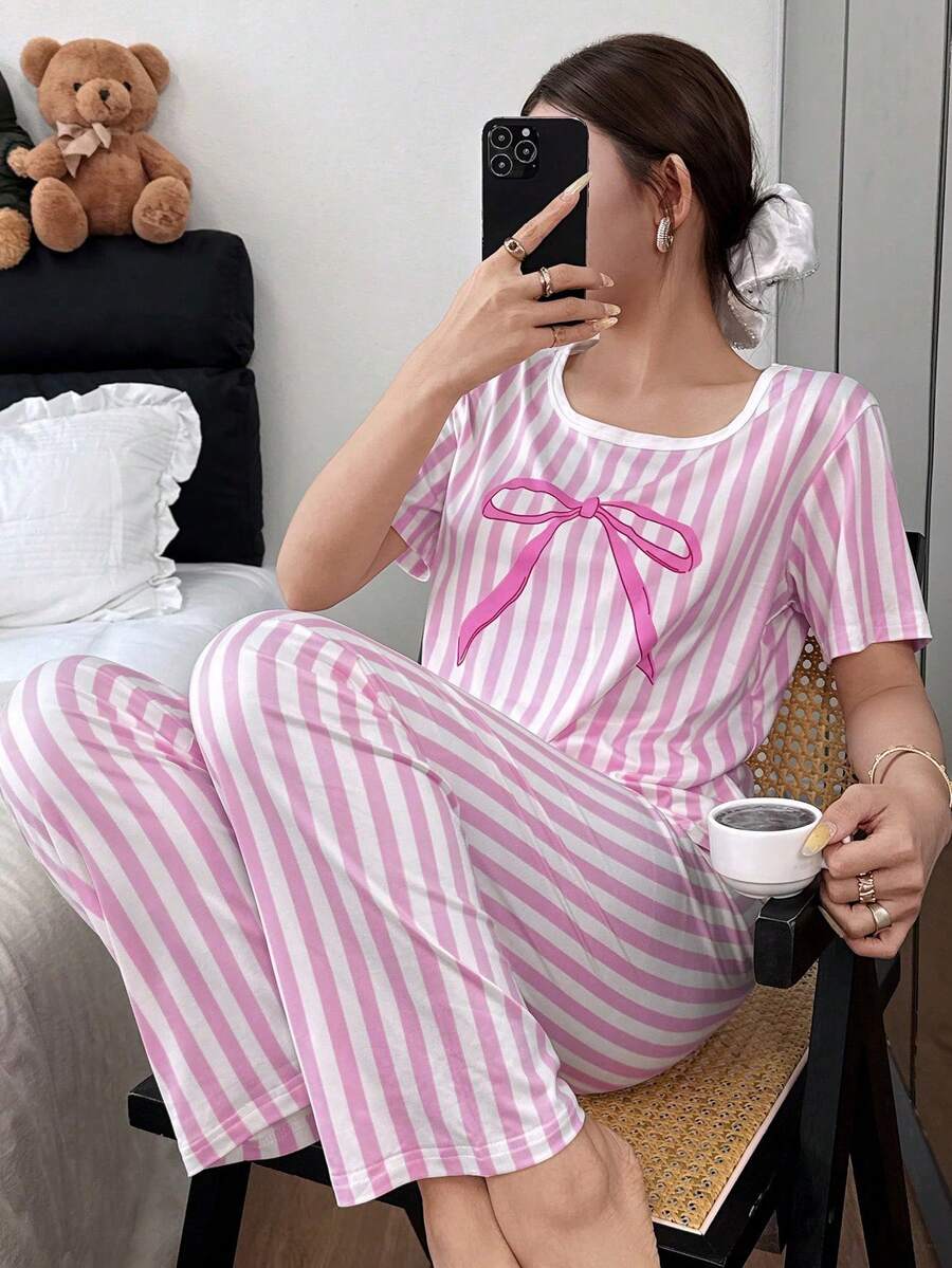 SHEIN Pink Striped Bow Print Short Sleeve Pajama Set For Women - Multicolor - View 1