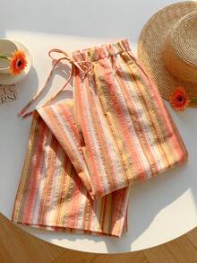 Comfortcana 2 chiếc quần màu nâu và hồng, quần sọc cam dành cho lễ hội âm nhạc, quần ống rộng dệt sọc hồng, quần sọc nhiều màu cam, quần sọc nhiều màu hồng, mùa hè, quần áo mùa hè cho nữ, quần áo mùa xuân hè cho nữ - Nhiều màu - Xem 5