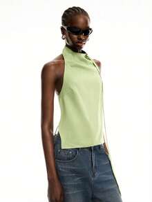 LYSMO Áo kiểu satin cổ yếm xếp ly dành cho nữ, thiết kế thắt khăn điều chỉnh được, hở lưng, hàng mới về năm 2025, phong cách tiên phong, cá tính. - màu xanh lá - Xem 3