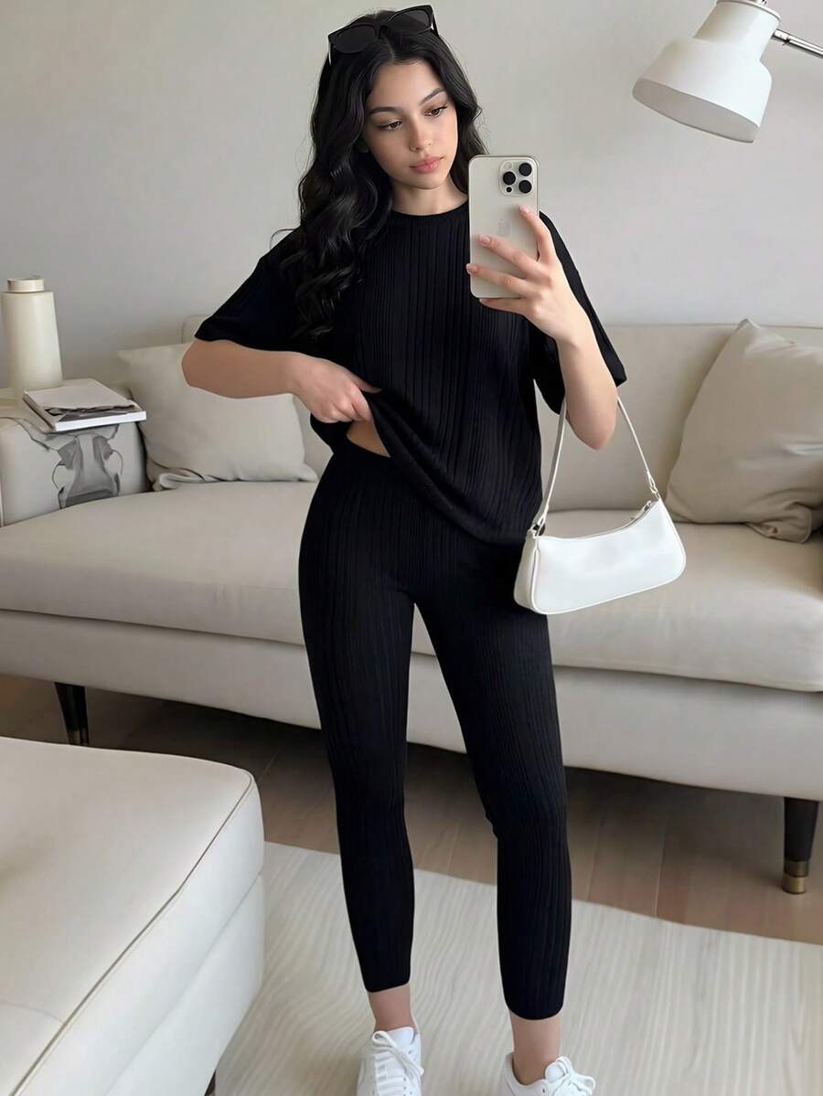 SHEIN 少女黑色罗纹T恤和裤子套装 - 黑色 - 查看 1