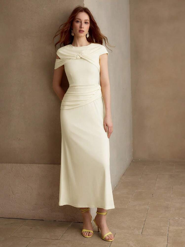 3D BOW KNOT ELASTIC KNIT MID-LENGTH DRESS