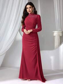 Coutiva 女士立领仿珍珠长款晚礼服 - 紅色 - 查看 4