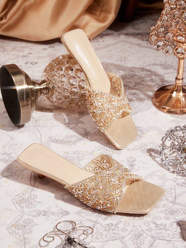 CUCCOO TILAWA Fashionable Square Toe Kitten Heel Champagne Color Fully Rhinestone Transparent Jelly One-Piece Slip-On Sandals, Stylish Glamorous Sexy Party Mid-Heel Sandals For Women