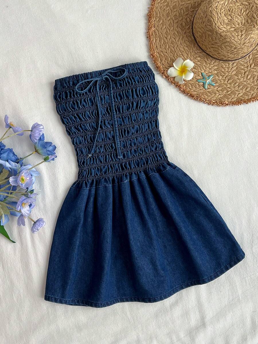 Elamini Women's Vacation Ruched Front Tie Denim Cami Dress - Blue - View 1