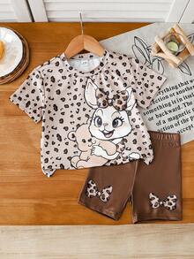 SHEIN 女宝宝时尚套装：樱桃图案上衣搭配复古豹纹喇叭裤两件套 - 彩色 - 查看 1