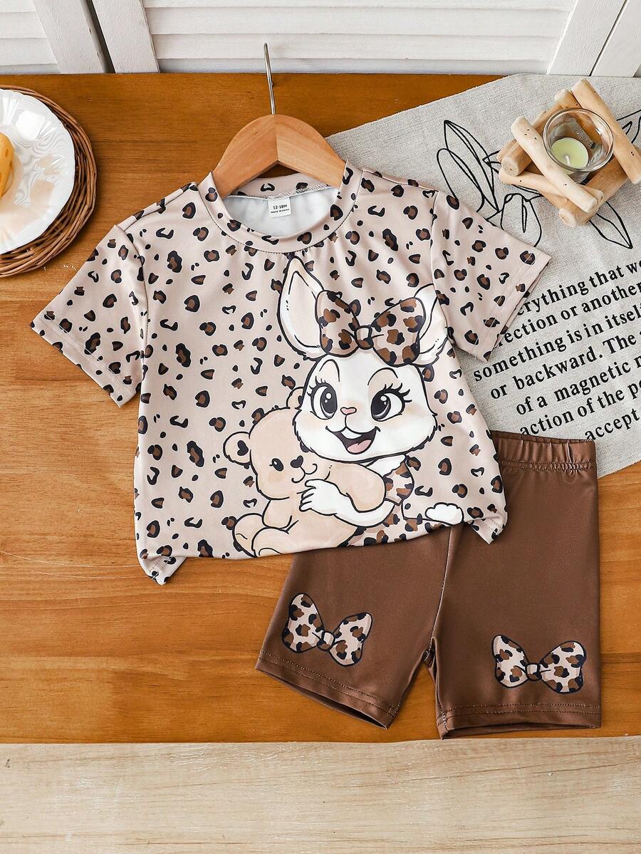 SHEIN 女宝宝时尚套装：樱桃图案上衣搭配复古豹纹喇叭裤两件套 - 彩色 - 查看 1