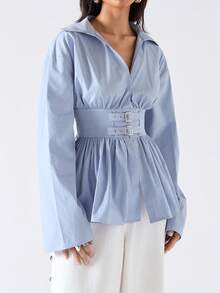 LYSMO 2026 New Arrive Minimalism Spring/Summer Women's Solid Color Drop Shoulder Long Sleeve Casual Shirt With Waist Buckle Design - Blue - View 3