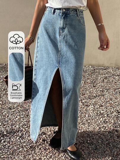 DAZY 女士常规腰线开衩半身裙，休闲优雅牛仔A字裙