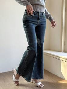Women's Backpocket Wing Embroidery Slim Flare Jeans, Casual & Sexy - Medium Wash - View 4