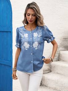 Franclia 优雅百搭日常圆领开襟泡泡袖印花蓝色女式衬衫 - 藍色 - 查看 6