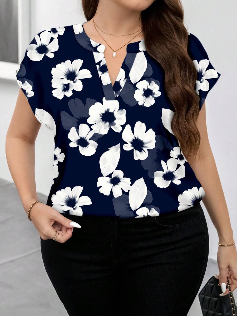 Reflora Plus Size Casual Floral Print Notch Collar Shirt - Navy Blue - View 1