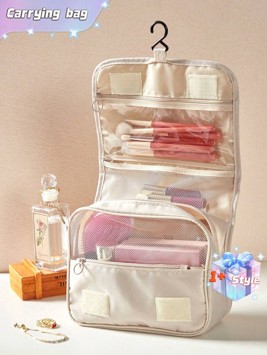 SHEIN 1 Túi đựng đồ trang điểm treo đa năng, Túi đựng đồ, Sức chứa lớn, Thuận tiện mang theo làm quà tặng Giáng sinh cho ngày lễ, Phong cách Boho - Màu be - Xem 1
