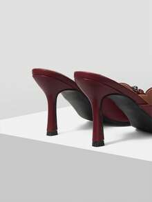 Mnmlis Women's Pointed Toe Metal Decor Fashionable Elegant High Heel Mules - Burgundy - View 3