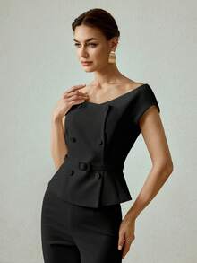 PREMIUM ELEGANT FASHIONABLE DOUBLE-BREASTED PEPLUM TOP - Black - View 4