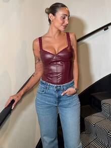 Mélanie ORL 秋冬季纯色酒红色弹力PU吊带背心，女士文胸，酒红色胸罩上衣，女士背心吊带，秋冬季打底吊带，派对鸡尾酒会 - 酒紅色 - 查看 1