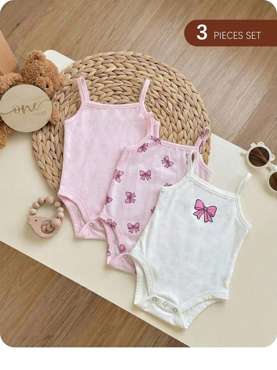 SHEIN 3pcs/Set Cute Casual Pink Bow Knitted Bodysuit For Baby Girl - Purple - View 1