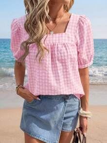 Sylviya Women's Casual Square Collar Plaid Short Sleeve Blouse, Spring/Summer,Casual - Pink - View 3