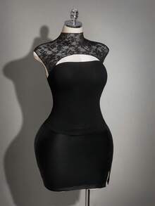 SHEIN ICON 大码镂空蕾丝无袖针织上衣，性感优雅的Y2K针织衫 - 黑色 - 查看 9