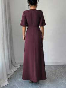 Elenzga Elegantes, lässiges Pendler-/Urlaubskleid mit rundem Ausschnitt, Kreuzband-Bindung, Metallschnalle in Taillenhöhe, A-Linie, Langarm mit Glockenärmel, Maxikleid, Frühling/Herbst/Winter, formelles Kleid, burgunderrotes Kleid, Damenkleid, Maxikleider, elegantes, klassisches Damenkleid - Rot-violett - Übersicht 2