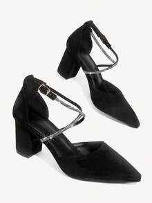 SHEIN X Lucía Bellido CUCCOO CHICEST Woman Shoes Fashion Rhinestone Decor Point Toe Faux Suede Chunky Heeled Glamorous Black Ankle Strap Pumps For Summer Graduation Heels Prom Heels Vacation Shoes Summer Elegant Heels Spring Shoes Spring Break Easter For Christmas Elegant Shoes Wedding Shoes Spring Shoes Bride Shoes - Black - View 7