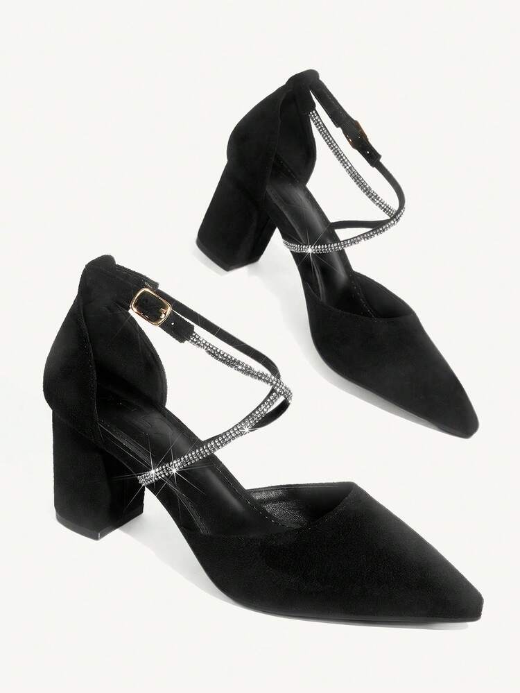 CUCCOO CHICEST Woman Shoes Fashion Rhinestone Decor Point Toe Faux Suede Chunky Heeled Glamorous Black Ankle Strap Pumps For Summer Graduation Heels Prom Heels Vacation Shoes Summer Elegant Heels Summer Shoes Summer Break Easter For Christmas Elegant Shoes Wedding Shoes Summer Shoes Bride Shoes