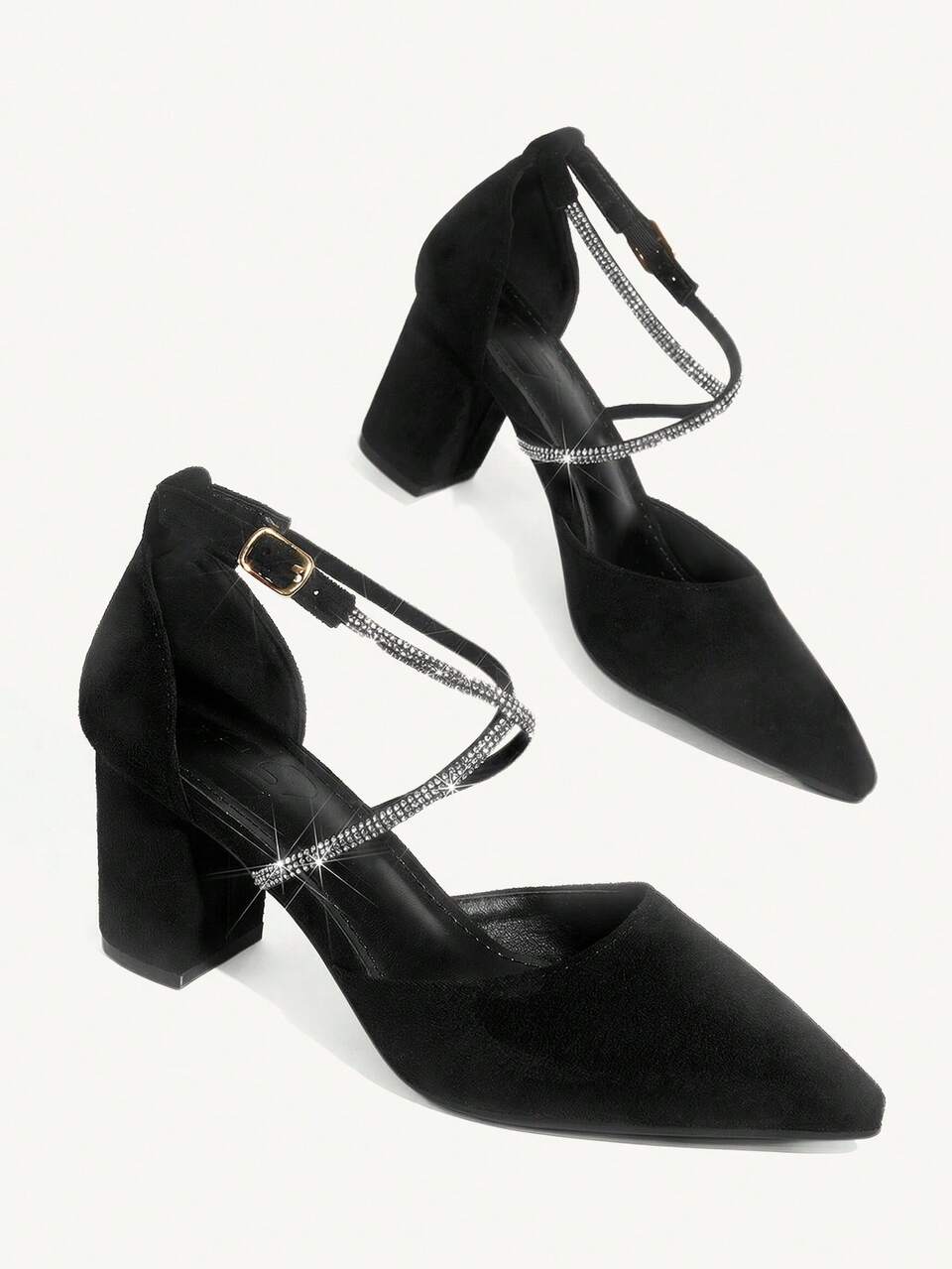 CUCCOO CHICEST Woman Shoes Fashion Rhinestone Decor Point Toe Faux Suede Chunky Heeled Glamorous Black Ankle Strap Pumps For Summer Graduation Heels Prom Heels Vacation Shoes Summer Elegant Heels Summer Shoes Summer Break Easter For Christmas Elegant Shoes Wedding Shoes Summer Shoes Bride Shoes