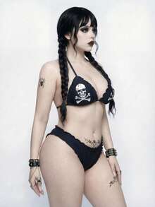 ROMWE Goth Bộ bikini hai mảnh dành cho nữ, bộ bikini in họa tiết gợi cảm cho kỳ nghỉ hè. - màu đen - Xem 4