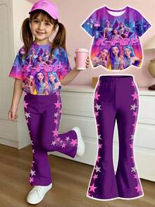 2件套女童休闲时尚卡通/韩流图案印花圆领短袖上衣+星星印花喇叭裤套装，适合夏季穿着 - 彩色 - 查看 1