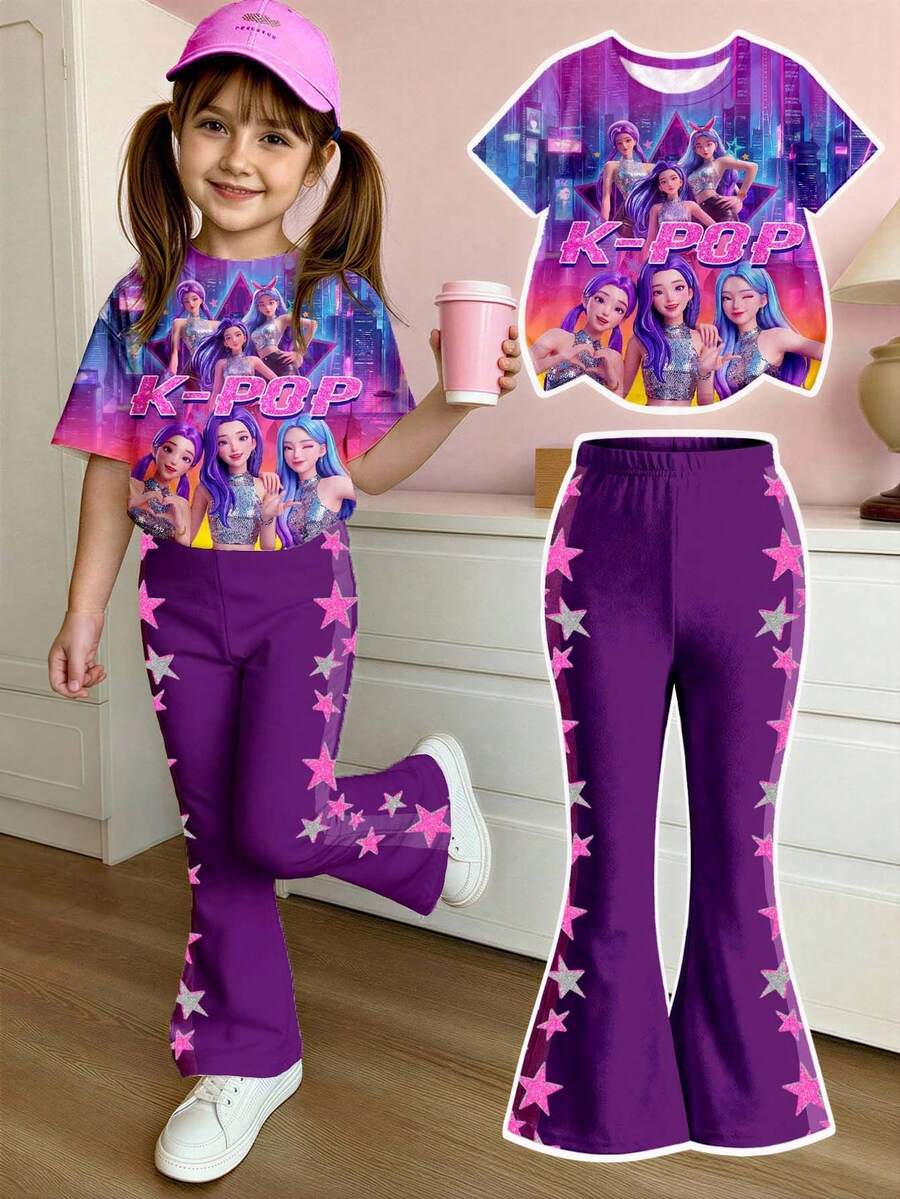 2件套女童休闲时尚卡通/韩流图案印花圆领短袖上衣+星星印花喇叭裤套装，适合夏季穿着 - 彩色 - 查看 1