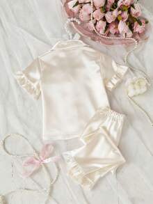 Souflis Souflis 2pcs Baby Girls' Colorful Shorts & Long Pants Set With Bow Embroidery And Ruffle Hem, Home Outfit, Spring/Summer - Champagne - View 2