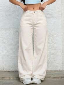 SHEIN Teen Girl Girl's Pocketed Button Casual Versatile Daily Wear Wide Leg Jeans - Apricot - View 1