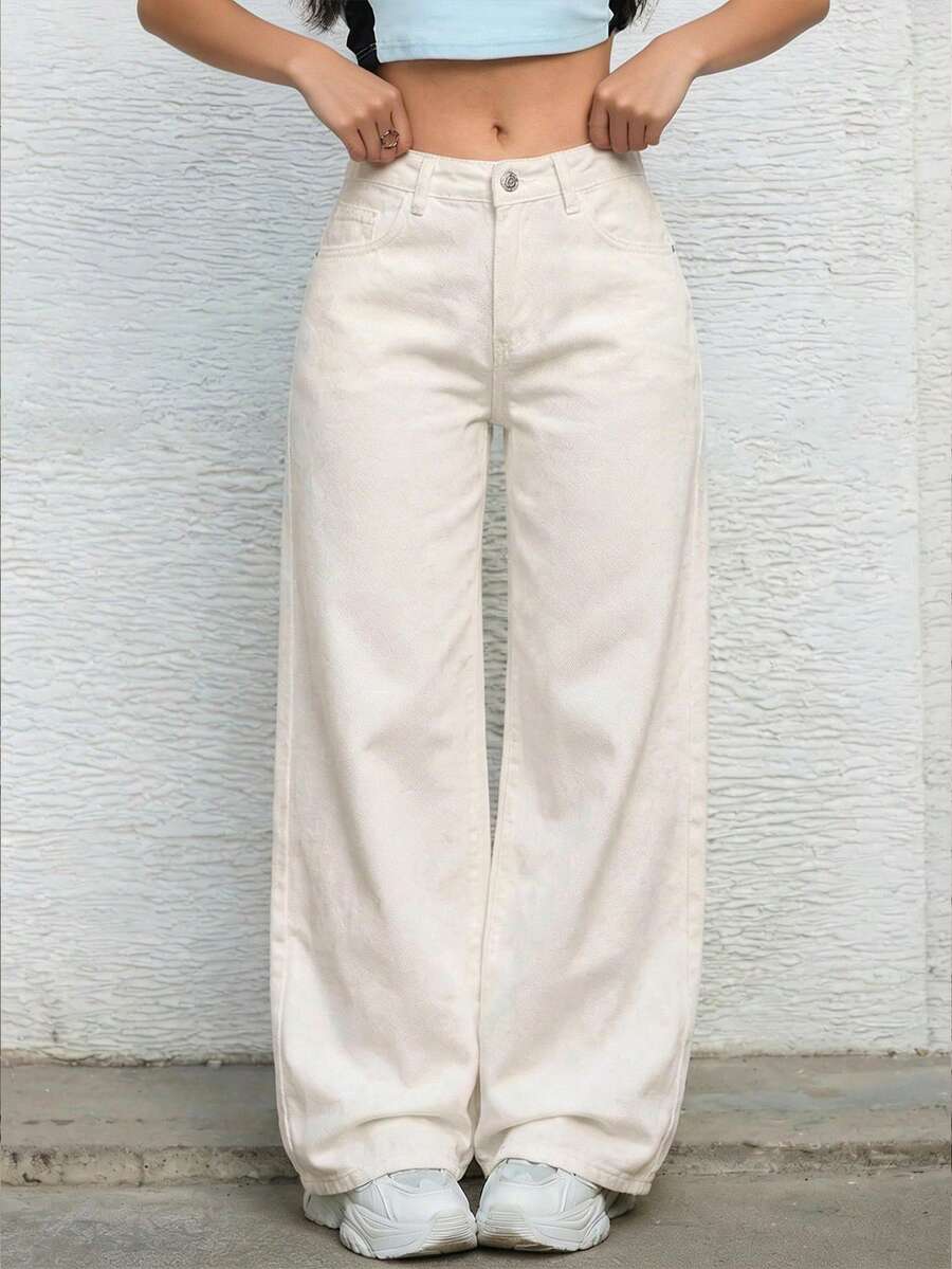 SHEIN Teen Girl Girl's Pocketed Button Casual Versatile Daily Wear Wide Leg Jeans - Apricot - View 1