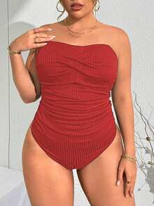 SHEIN Swim Curve Einteiliger Casual Badeanzug für Damen in Große Größen mit Spaghettiträgern Einfarbig - Rot - Übersicht 5