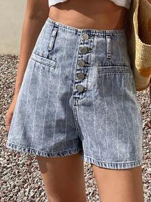 Livesso Shorts di jeans casual con tasche e decorazioni a righe blu, adatti per la spiaggia e le vacanze estive - Blu - Visualizzare 7