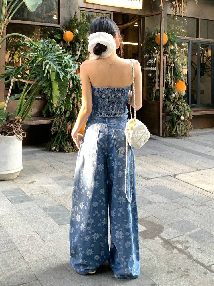 Women's Jacquard Bandeau Top And Denim Pants 2 Pieces Set