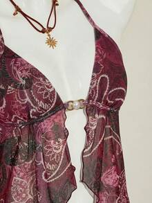 SHEIN ICON 性感佩斯利印花露背吊带上衣，夏季 - 酒紅色 - 查看 9