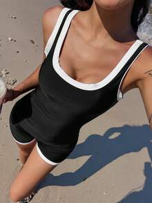 Livesso Áo tắm liền thân có cổ và dây đeo dành cho nữ, kiểu dáng ôm sát, thích hợp mặc đi biển hoặc lặn biển kín đáo. - màu đen - Xem 2